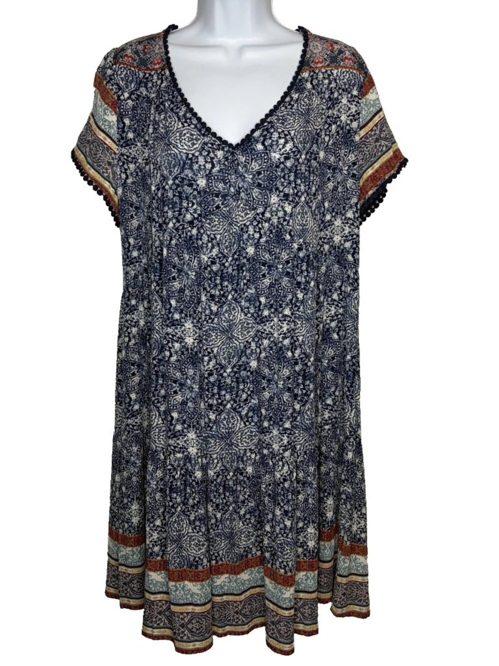 Knox Rose Mini Swing Dress Size L Blue White Floral Bohemian Pom Pom Fringe